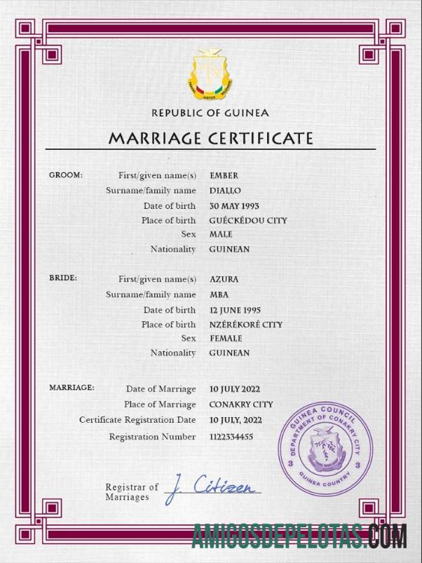Realista modelo PSD de certidão de casamento Guniea